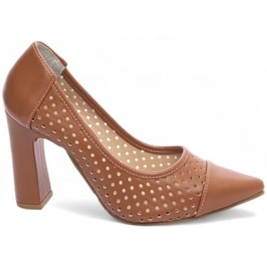 Imagem de Sapato Scarpin Salto Alto Grosso Bico Fino Feminino Vazado Luxo Premium 9 cm (Caramelo, BR, Adulto, Numérico, 36)
