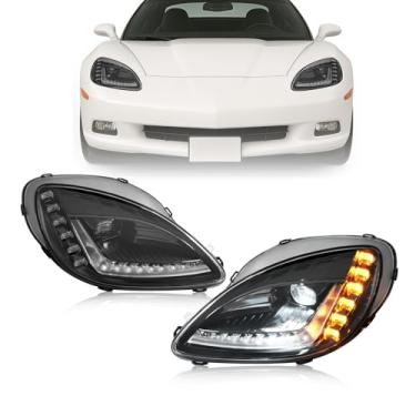 Imagem de HECASA Par de faróis de projetor compatível com Chevy Chevrolet Corvette C6 2005-2013 com módulo e lâmpadas HID tipo L, lâmpada de luz frontal de tubo de LED, lente transparente de plástico + caixa