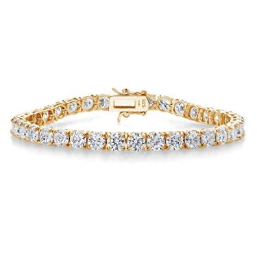 Imagem de Gem Stone King Pulseira feminina de moissanite branca banhada a ouro amarelo 18K (18,00 quilates, redondo 5 mm, 7,25 polegadas)