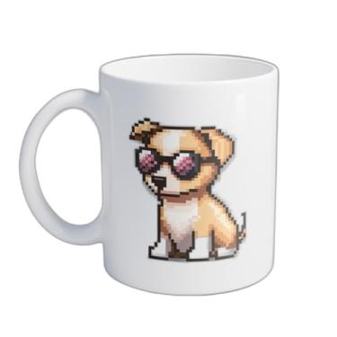 Imagem de Caneca Xícara de Café Porcelana 300ml Cachorro Pixelados com Óculos de Sol