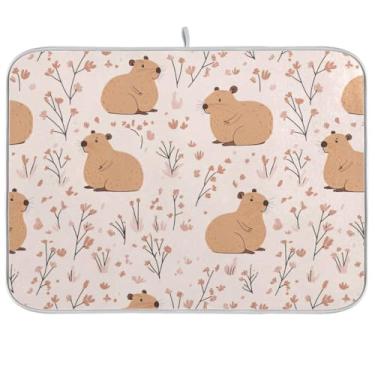 Imagem de Capybara Tapetes de secagem de pratos rosa para balcão de cozinha, 45 x 61 cm, almofada de secagem absorvente, tapete de escorredor de pratos, reversível para balcão de cozinha, decoração de casa de