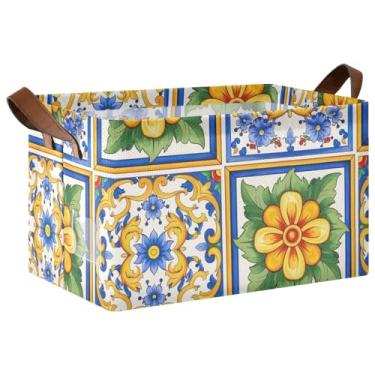 Imagem de Cesta dobrável para brinquedos de cachorro com alças, 43 x 29 x 25 cm, organizador de roupas de cerâmica floral para armário, 1 pacote