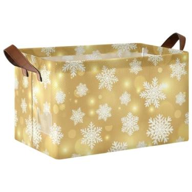 Imagem de Cestos de armazenamento decorativos com alças, compartimentos dobráveis para armazenamento doméstico e organização, 40 x 29 x 25 cm, flocos de neve dourados, pacote com 2