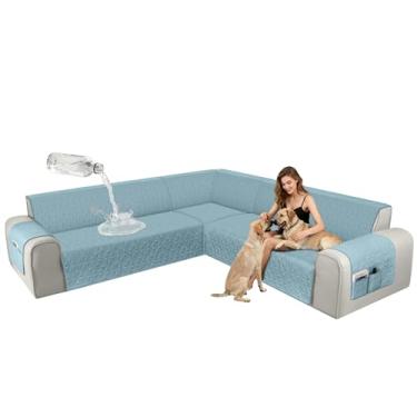 Imagem de ALIECOM Capas de sofá seccionais de canto, à prova d'água, laváveis, em forma de L, capa de sofá, geométrica, jacquard, capa para móveis com alça ajustável para cães de estimação (2GG, azul claro)