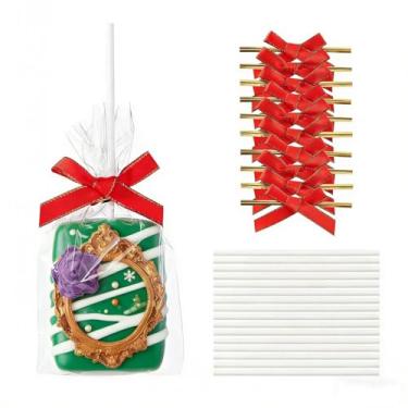 Imagem de JCXGRVC 50 unidades de sacos de petisco de arroz transparente 10 x 15 cm com palitos e laços, kit de arroz, sacos de bolo embalados individualmente para Marshmallow Mcaron Pop Candy Apple Cookies Cake