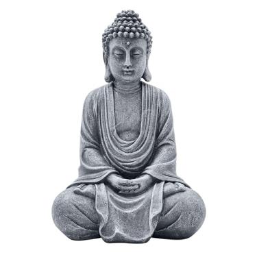 Imagem de Goodeco Estátua de Buda Meditando 29 cm Decoração de Casa - Presentes de Meditação para Quarto/Jardim/Pátio/Deck/Varanda Quintal, Estátuas de Buda com Colar de Contas de Madeira Natural (Cinza)