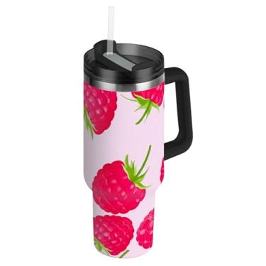 Imagem de Copos de aço inoxidável com tampa e canudos Vibrantes Framboesas Rosa Impressão Copos de Café Quente para Aspirador de Carro Copo de 850 g com Alça Garrafas de Água Isoladas