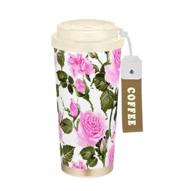Imagem de TSENQUE Rosa rosas folhas verdes, copo de café de viagem 473 ml com canudo e tampa, canecas de café de parede dupla isoladas a vácuo com revestimento cerâmico para escola, escritório, festa