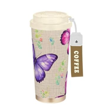 Imagem de TSENQUE Caneca de café de viagem de 473 ml com revestimento cerâmico, caneca de café de aço inoxidável com tampa e canudo, copo isolado a vácuo, estampa rosa borboleta roxa