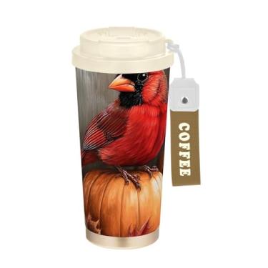 Imagem de TSENQUE Caneca de café de viagem 40 ml com canudo e tampa, copo de café de viagem de aço inoxidável à prova de vazamento para escritório, escola, festa, acampamento, Natal, pássaro, vermelho, vintage,