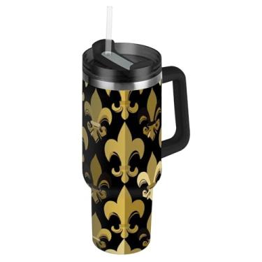 Imagem de Copos com tampas e canudo dourado flor de lis preto 850 g copo com alça reutilizável garrafa de água isolada garrafa de água de aço inoxidável para copo de carro