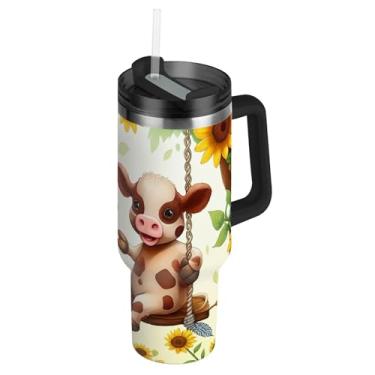 Imagem de Joisal Copos com tampas e canudos Girassóis giratórios de vacas fofas copo com alça 850 g garrafa de água rosa isolada carros xícara de café bebida quente