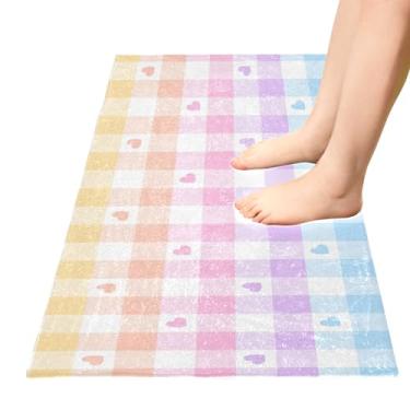 Imagem de TSENQUE Tapetes de banho com corações xadrez, arco-íris, tapete de cozinha, tapete de entrada floral, antiderrapante, antifadiga, para decoração de cozinha, casa, 99 x 51 cm