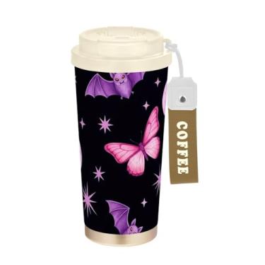 Imagem de TSENQUE Copo de café roxo rosa morcegos Halloween, 473 ml com canudo e tampa, canecas de café de parede dupla isoladas a vácuo com revestimento cerâmico para escola, escritório, festa, acampamento