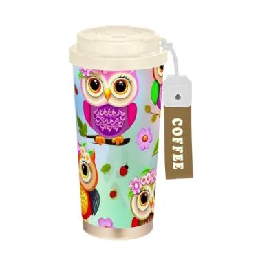 Imagem de TSENQUE Caneca de café floral de corujas coloridas fofas de 40 ml com canudo e tampa, canecas de café de parede dupla isoladas a vácuo com revestimento cerâmico para escola, escritório, festa