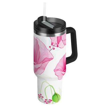 Imagem de Joisal Copos de aço inoxidável com tampa e canudos floral macio rosa papoulas branco carro copo de café rosa 1,134 g copo com alça garrafa de água isolada