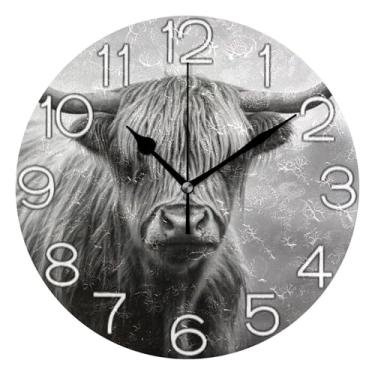Imagem de GAIGEO Relógio de parede decorativo analógico relógio de cozinha bonito funky alimentado por bateria, decoração de parede de casa de fazenda moderna preto branco vaca highland, 25 cm, ponteiros