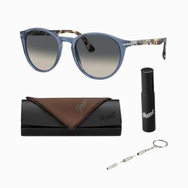 Imagem de Persol Óculos de sol redondos PO3152S com kit oficial de óculos, Armação azul marinho transparente | Lente cinza escuro gradiente cinza claro