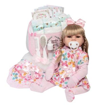 Imagem de Boneca Reborn Bebê Loira Realista Fofinha + Bolsa Acessórios - Cegonha