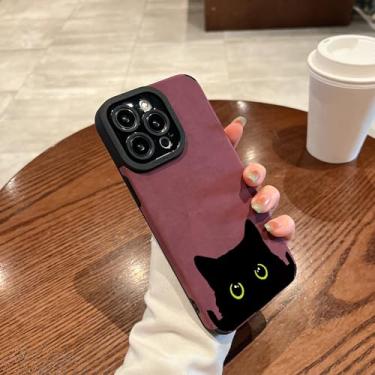 Imagem de IRTGFG Capa de silicone macia de couro camurça de gato preto de luxo para iPhone 16 Pro (para iPhone 16 Pro/vinho tinto)