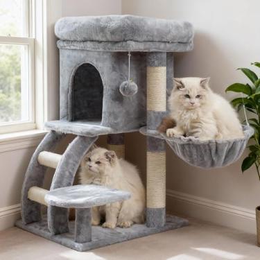 Imagem de Heybly Torre de árvore para gatos, condomínio para gatos em ambientes internos, casa para gatos com poleiro largo de pelúcia, escada, cesta, postes de arranhar cobertos de sisal, centro de atividades