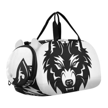 Imagem de Bolsa esportiva para meninos de fim de semana com conchas cor-de-rosa e areia para o sol, para viagem, bolsa esportiva de dança, Lobo, preto, branco, animal selvagem, Clássico