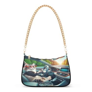 Imagem de Bolsa de ombro com corrente com estampa de animal para motorista de gato, bolsa de mão média fofa para mulheres, bolsa clutch moderna