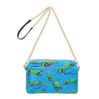 Imagem de Joitme Bolsa feminina transversal para celular fofa verde carro de corrida desenho animado azul alça de couro PU bolsa de ombro