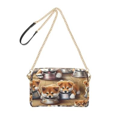 Imagem de Joitme Bolsa feminina transversal para celular linda bolsa de ombro de couro PU alça de corrente fofa Akita Inu filhotes cachorros