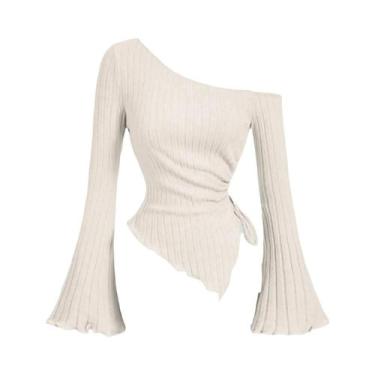 Imagem de Camiseta Casual Feminina De Manga Longa Com Um Ombro, Estilo Europeu-A