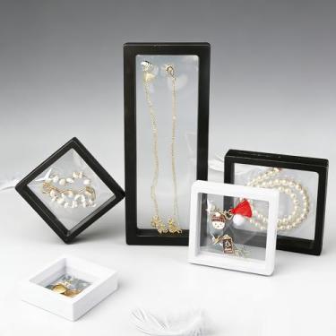 Imagem de Vitrinas flutuantes 3D pretas 23 x 8,5 x 9,5 cm para moedas, joias, medalhas, selos, colecionáveis, pequena moldura de caixa de sombra com filme PE transparente para exibição de escritório em casa