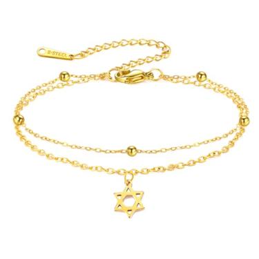 Imagem de TEAMER Pulseira ajustável com estrela de Davi, contas de camada dupla, corrente de estrela de Davi, hexagrama judaico, amuleto, joia feminina, 8.7*11.2mm, Aço inoxidável, Sem Pedra Preciosa