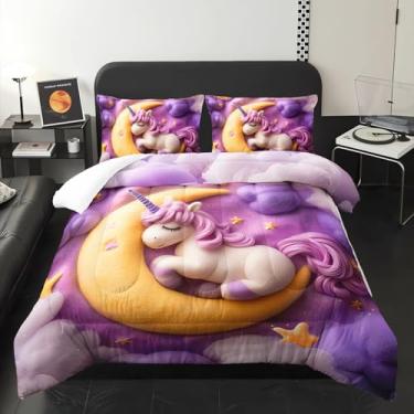 Imagem de lneffble Jogo de lençol solteiro e edredom de unicórnio roxo para meninas, com 1 edredom e 2 fronhas