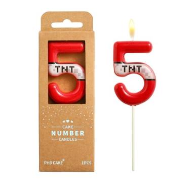 Imagem de PHD CAKE Velas de aniversário de 6 cm número 5 de pixel vermelho, velas com números temáticos TNT, velas com número de bolo, celebração de festa