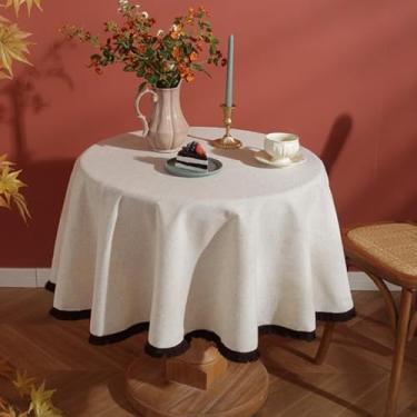 Imagem de HAIRUO Toalha de mesa de linho para fazenda, bege, redonda, com borlas de café, para festas, cozinha, piquenique, decoração de casa (bege, redonda, 119 cm)