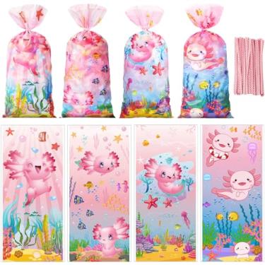 Imagem de Marspark 100 peças de sacos de lembrancinha de festa de axolote rosa com laços 27 x 12 cm, animais fofos, sacos de lanches de celofane com tema anfíbio, para chá de bebê, decorações de festa de