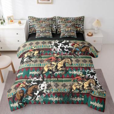 Imagem de Erosebridal Conjunto de edredom Queen com estampa de pele de caubói vermelho, azul, marrom, asteca, tamanho queen, 7 peças | Cama étnica boêmia tribal em uma bolsa, casa de fazenda, estampa de couro