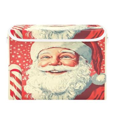Imagem de SEHANY Linda caixa de armazenamento de Papai Noel de Natal com tampas e alças, organizador de cestas de armazenamento de tecido dobrável, caixas de armazenamento de cubos grandes para roupas, cobertor