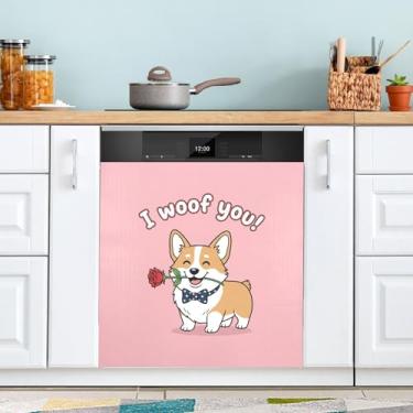Imagem de ATTX Capa magnética para lava-louças Corgi dos Namorados | Adesivo decorativo de eletrodomésticos de 58 x 66 cm para armários domésticos e eletrodomésticos #368