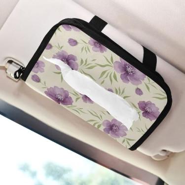 Imagem de SEHANY Elegante suporte de lenços de papel de carro floral roxo, caixa de lenços para carro, viseira solar, porta-guardanapos retangular, dispensador de máscara de carro, caixa de lenços para veículos