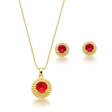 Imagem de Conjunto Colar e Brincos Redondo Vermelho Banhado a Ouro 18k - Atrakiv