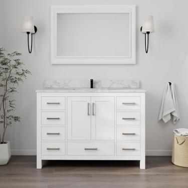 Imagem de HIGEINE Vaidade de banheiro premium de 122 cm com pia, 2 portas e 9 gavetas, armário de madeira independente com pia integrada, orifício de torneira pré-perfurado - fácil montagem (branco)