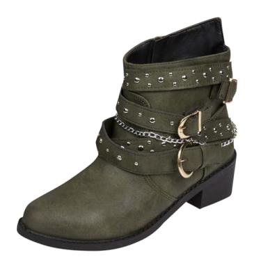 Imagem de Botas femininas fashion casual legal fivela meio panturrilha cor sólida outono cano baixo cano médio botas femininas cano médio cano médio material PU, Verde militar, 34