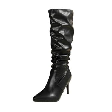 Imagem de Botas femininas modernas e casuais, versáteis, descoladas e estilosas de inverno com sola plana e cano alto, Preto, 34