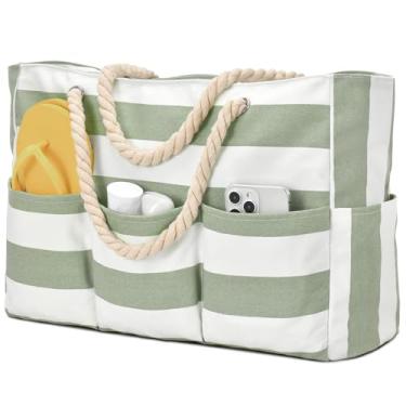 Imagem de Becokan Bolsa de praia feminina de lona, grande, com zíper, impermeável, à prova de areia, dobrável, para piscina, com 7 bolsos, Verde claro, Large