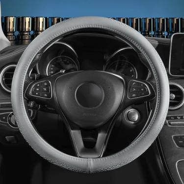 Imagem de Red Rain Capas de volante de couro de vaca cinza capa de volante de carro de couro genuíno capa de roda universal de 15 polegadas para carro SUV caminhão (AA-Gray)