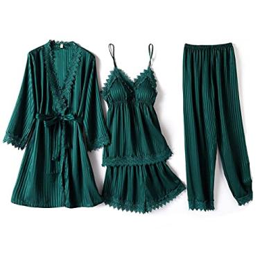 Imagem de Pijama feminino 4 peças conjunto de pijama cami de cetim com roupão decote em V vestido de vestir acabamento em renda G conjunto rosa - A (conjunto de tinta a)