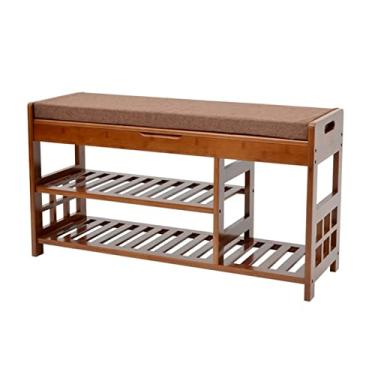 Imagem de 3FLQOOPP Sapateira para entrada de 3 andares, banco de sapatos de bambu com espaço de armazenamento superior e almofada acolchoada, prateleira de armazenamento de sapatos para organizador de