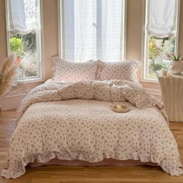 Imagem de BuLuTu Capa de edredom com estampa de princesa com babados 228 x 264 cm, capa de edredom de musselina com zíper, sem fronha, roupa de cama de gaze leve e macia, lavável na máquina