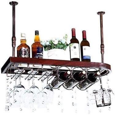 Imagem de SGeneE Suportes de vinho tipo teto suporte para copos de madeira maciça suporte de garrafa de vinho pendurado no teto suporte de exibição de metal de cabeça para baixo (80 x 28 cm)